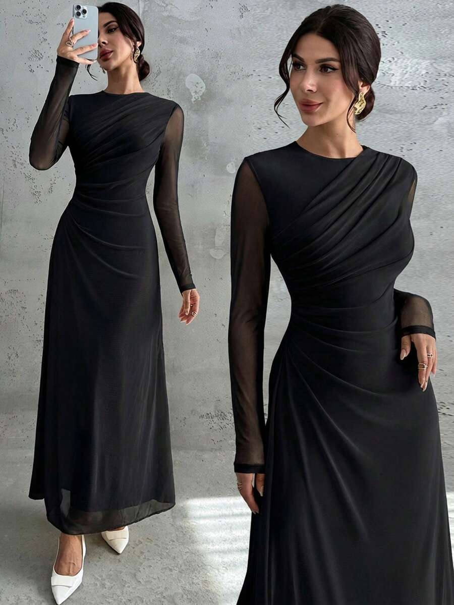 SHEIN Firerie فستان ماكسي أسود بأكمام طويلة وياقة مستديرة وخصر ضيق