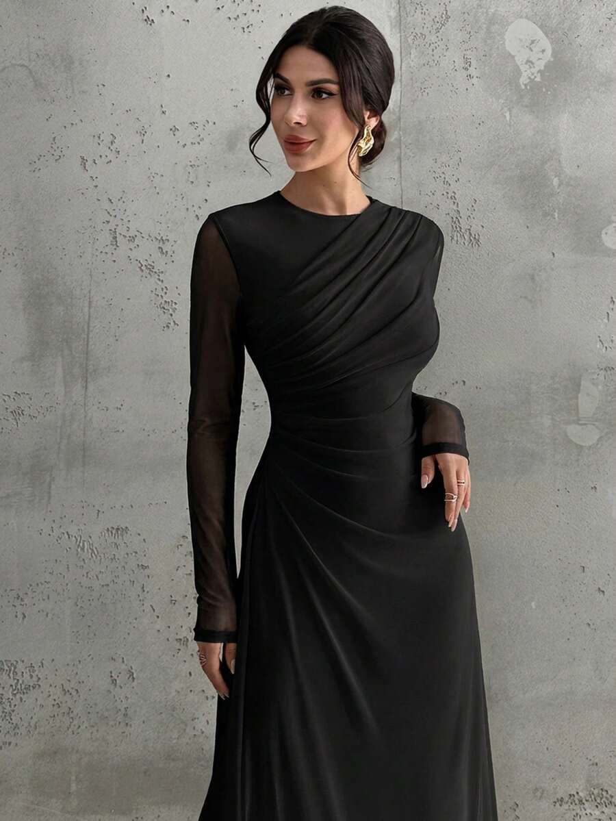 SHEIN Firerie فستان ماكسي أسود بأكمام طويلة وياقة مستديرة وخصر ضيق