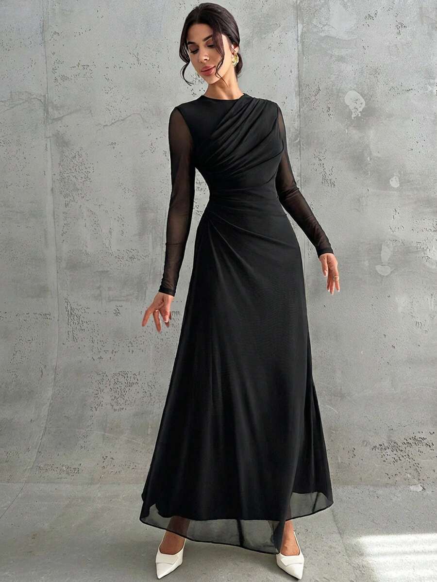 SHEIN Firerie فستان ماكسي أسود بأكمام طويلة وياقة مستديرة وخصر ضيق