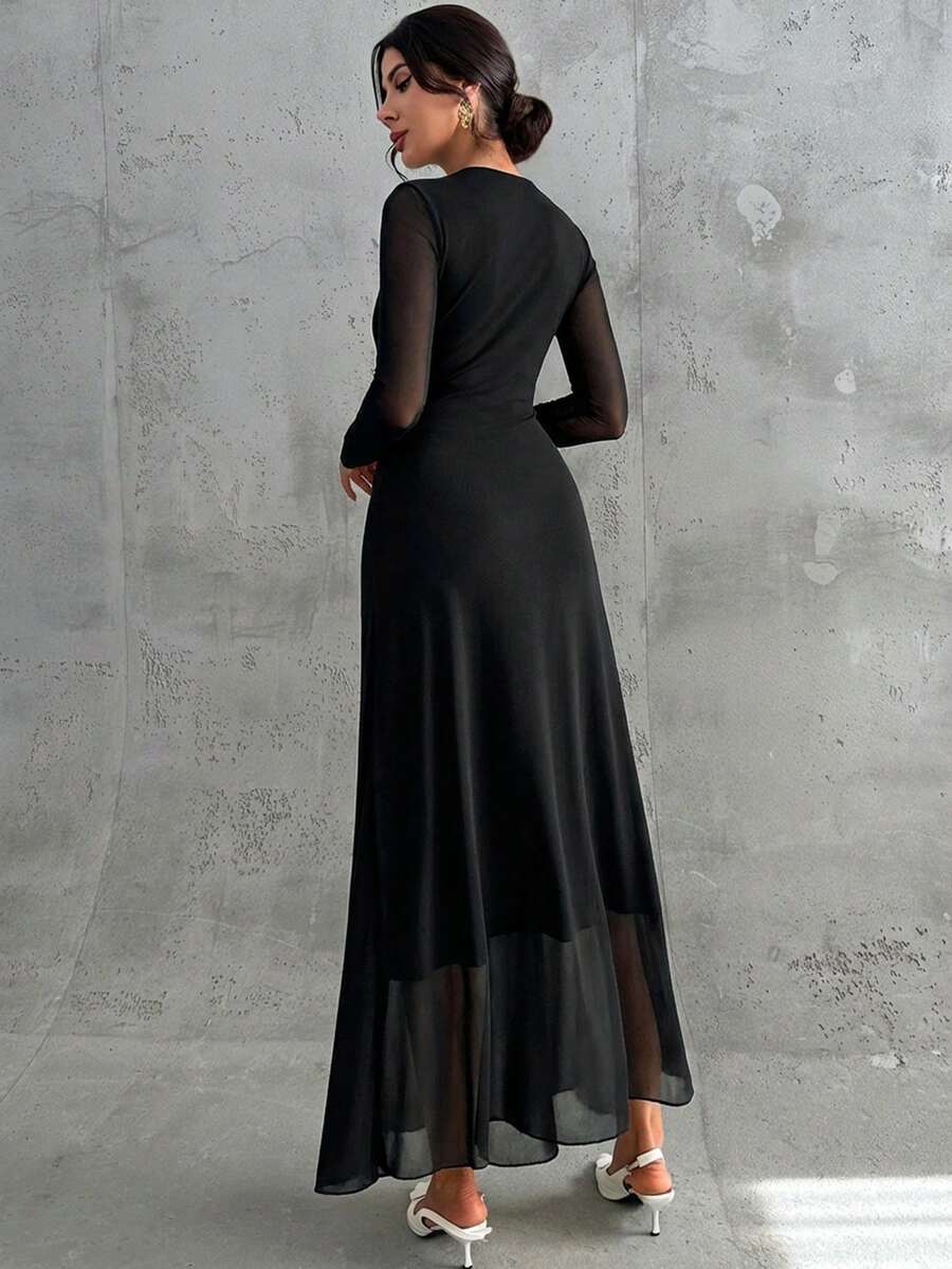 SHEIN Firerie فستان ماكسي أسود بأكمام طويلة وياقة مستديرة وخصر ضيق