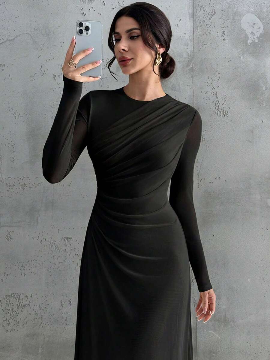 SHEIN Firerie فستان ماكسي أسود بأكمام طويلة وياقة مستديرة وخصر ضيق