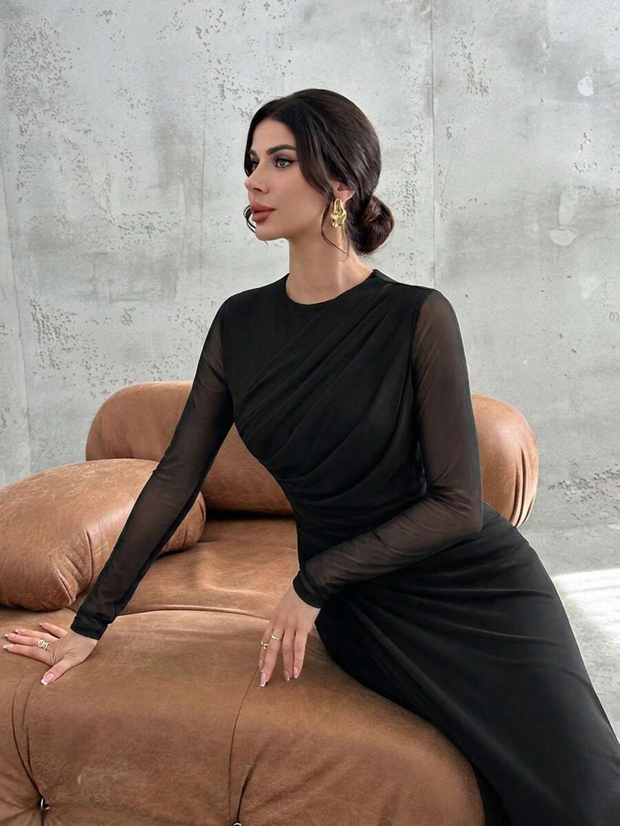 SHEIN Firerie فستان ماكسي أسود بأكمام طويلة وياقة مستديرة وخصر ضيق