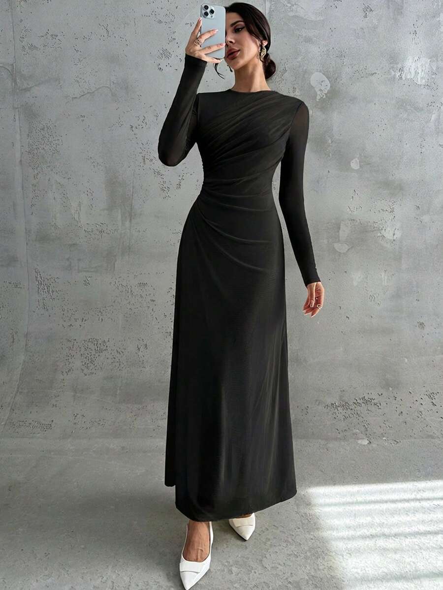 SHEIN Firerie فستان ماكسي أسود بأكمام طويلة وياقة مستديرة وخصر ضيق