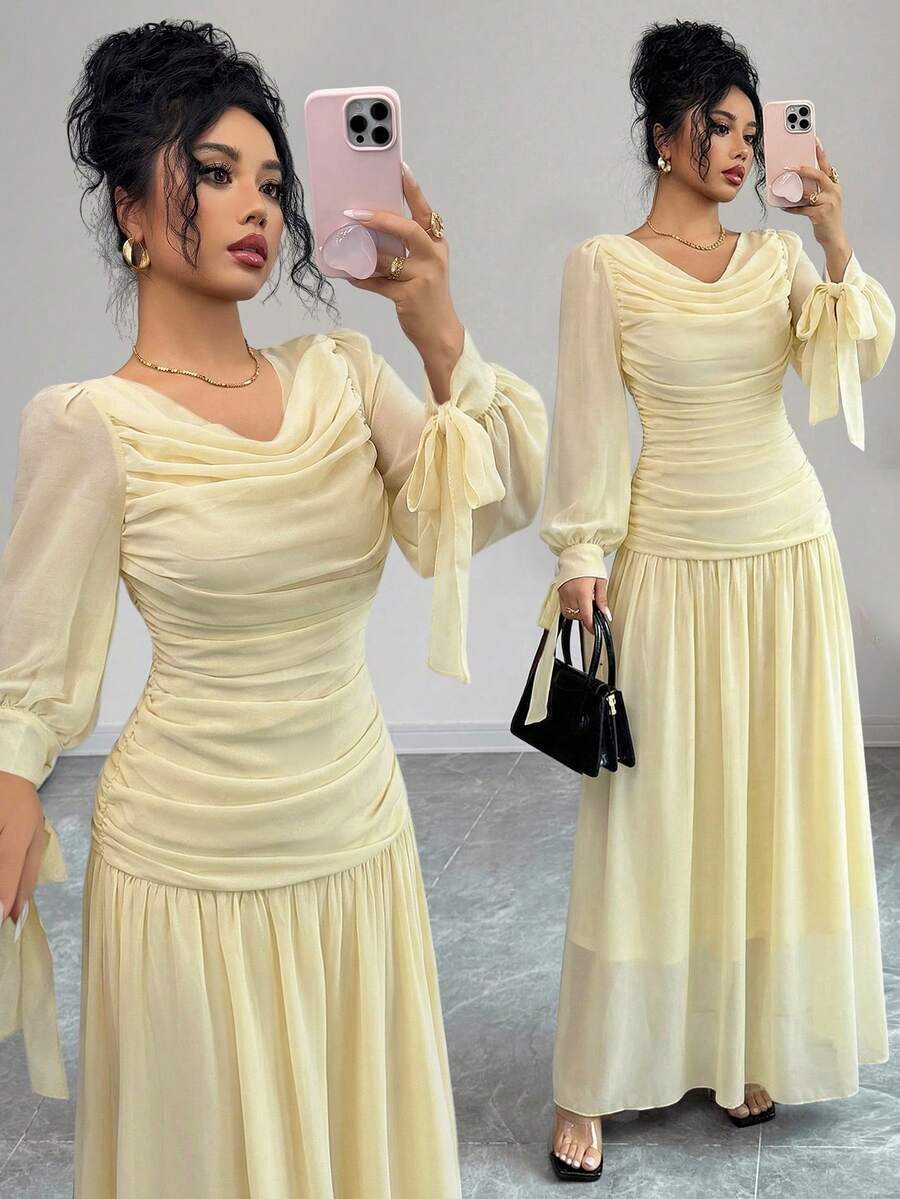 SHEIN Elenzga فستان شيفون بأكمام فانوس وخصر مربوط بلون مشمشي