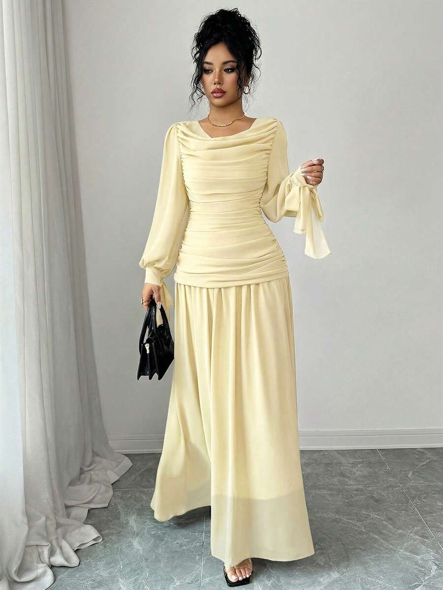 SHEIN Elenzga فستان شيفون بأكمام فانوس وخصر مربوط بلون مشمشي