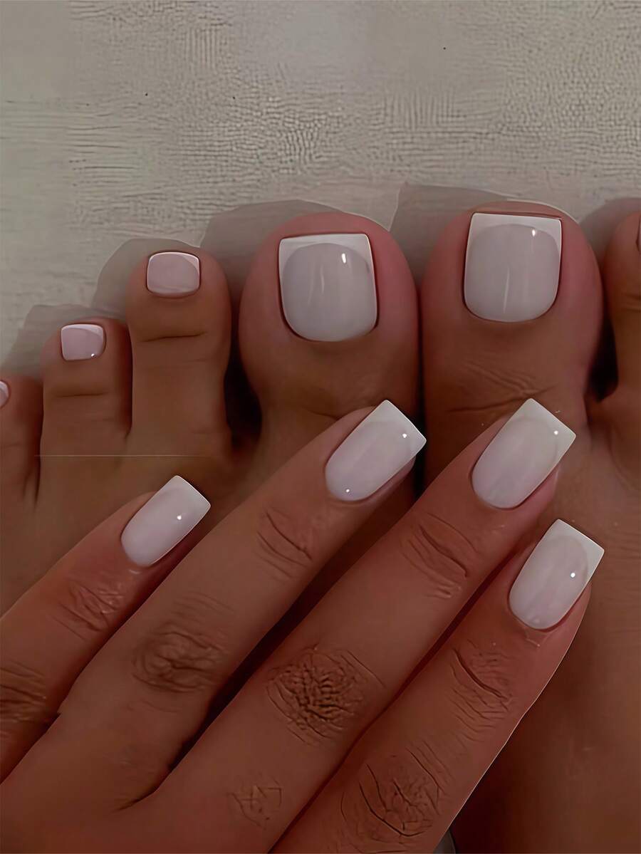 SHEIN أظافر صناعية مربعة 48 قطعة بتصميم فرنسي لامع مع غراء ومبرد للأظافر