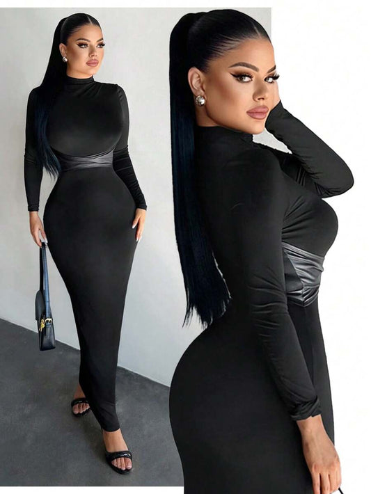 SHEIN SXY فستان أسود بياقة عالية وأكمام طويلة بتصميم خصر متقاطع
