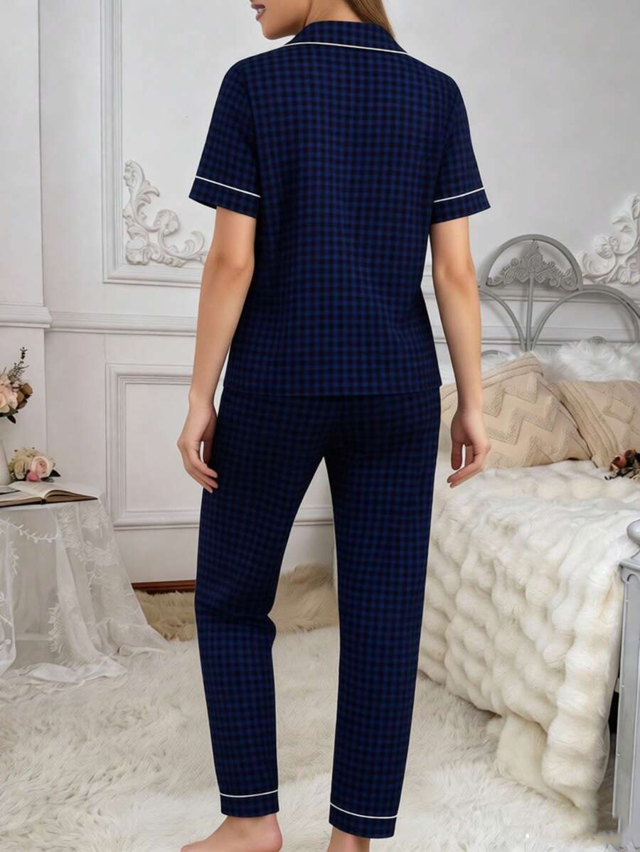 SHEIN بيجامة 2 قطعة قميص بأكمام قصيرة وبنطلون بطبعة كاروهات