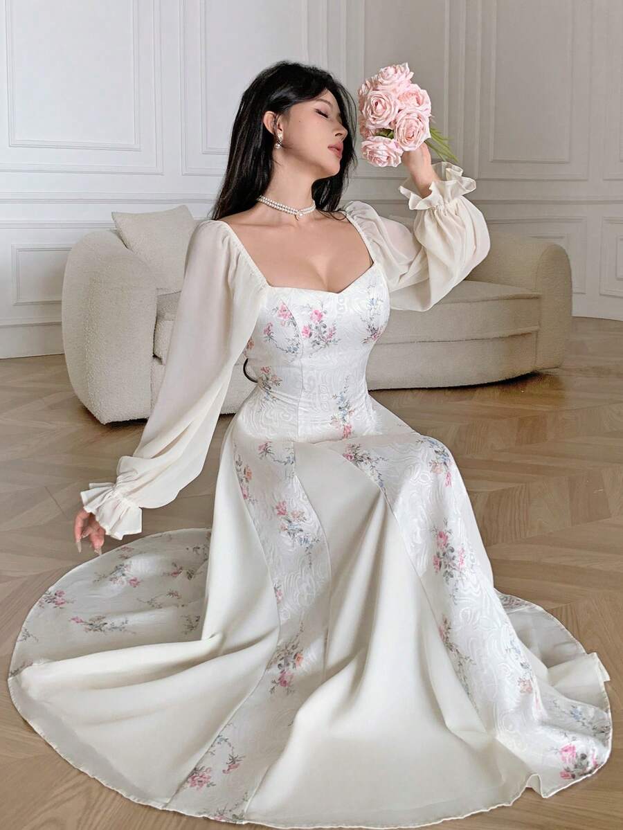 SHEIN Feyla فستان أنيق مطبوع بأكمام منفوخة