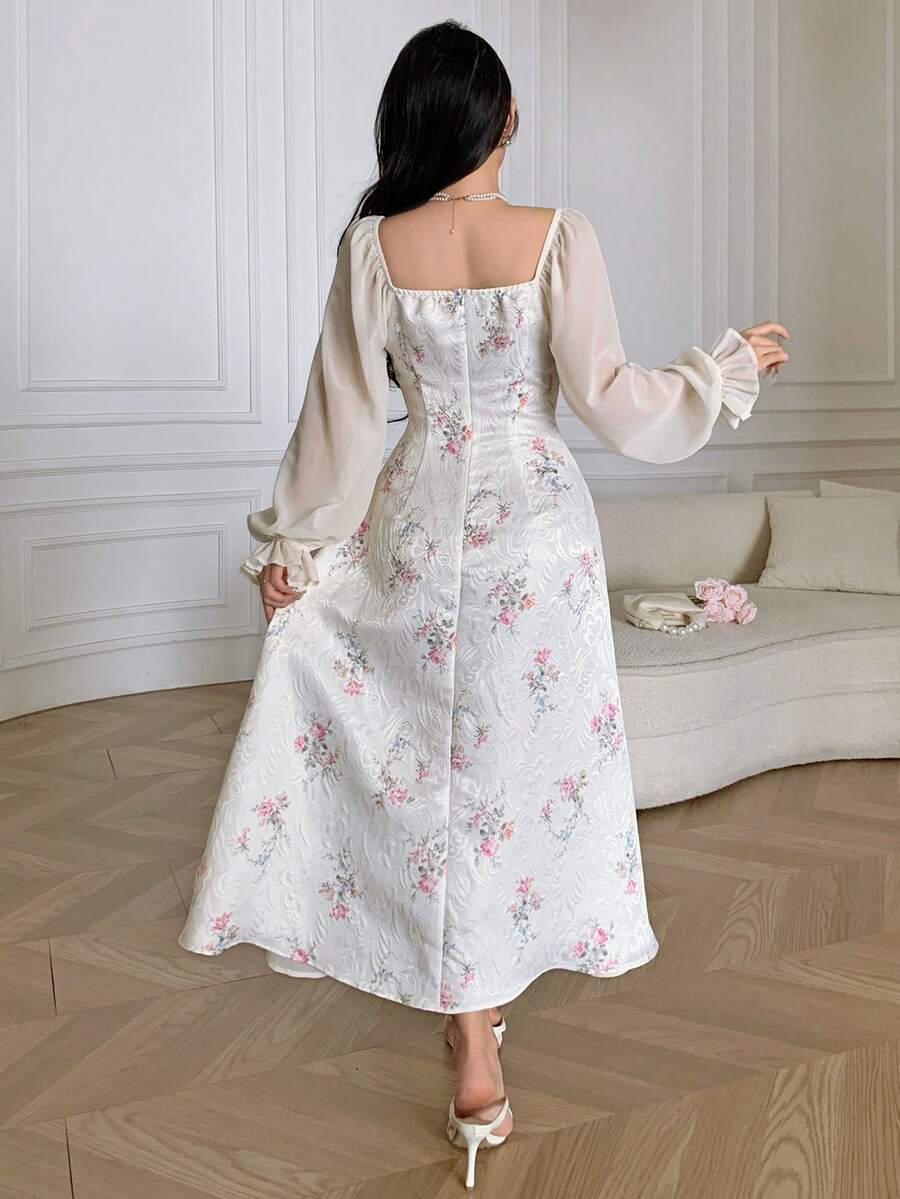 SHEIN Feyla فستان أنيق مطبوع بأكمام منفوخة