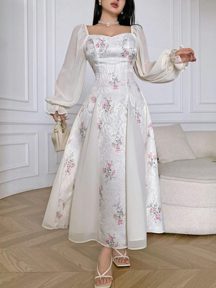 SHEIN Feyla فستان أنيق مطبوع بأكمام منفوخة
