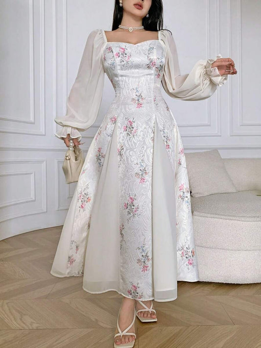 SHEIN Feyla فستان أنيق مطبوع بأكمام منفوخة