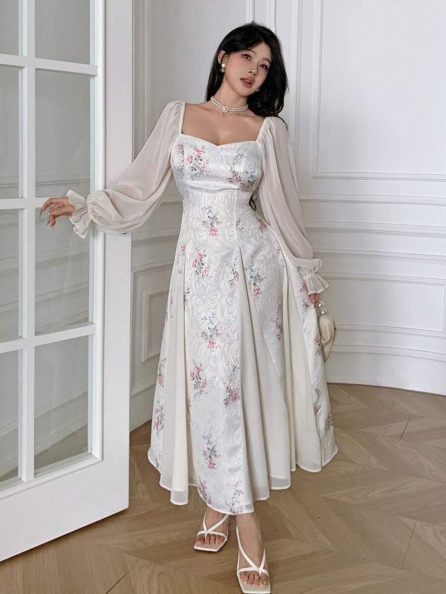 SHEIN Feyla فستان أنيق مطبوع بأكمام منفوخة