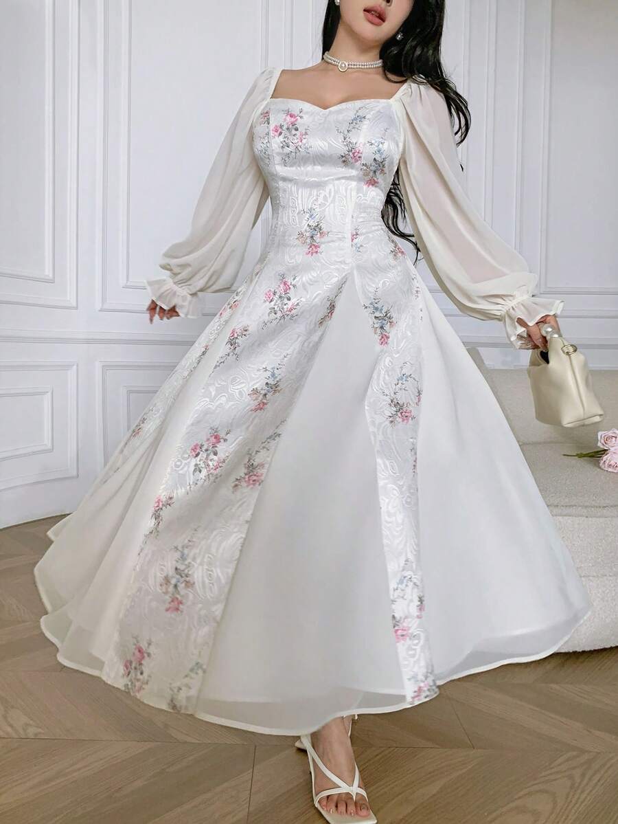 SHEIN Feyla فستان أنيق مطبوع بأكمام منفوخة