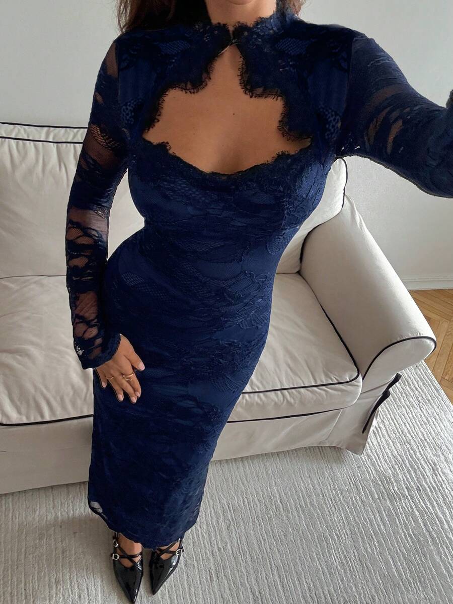SHEIN Aloruh فستان طويل بأكمام طويلة بتصميم فينتاج بأزرق بحري