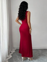SHEIN Rafferiza فستان عنابي محبوك بتصميم مطوي مرن مزين باللؤلؤ