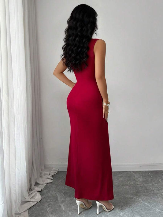 SHEIN Rafferiza فستان عنابي محبوك بتصميم مطوي مرن مزين باللؤلؤ