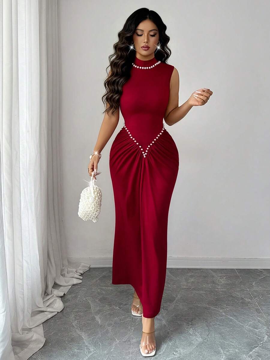 SHEIN Rafferiza فستان عنابي محبوك بتصميم مطوي مرن مزين باللؤلؤ
