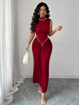 SHEIN Rafferiza فستان عنابي محبوك بتصميم مطوي مرن مزين باللؤلؤ