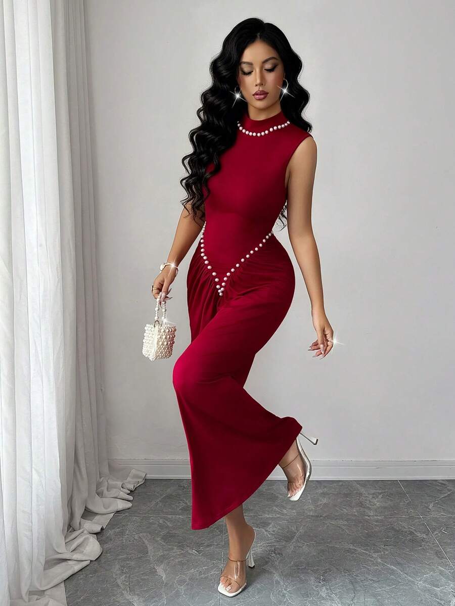 SHEIN Rafferiza فستان عنابي محبوك بتصميم مطوي مرن مزين باللؤلؤ