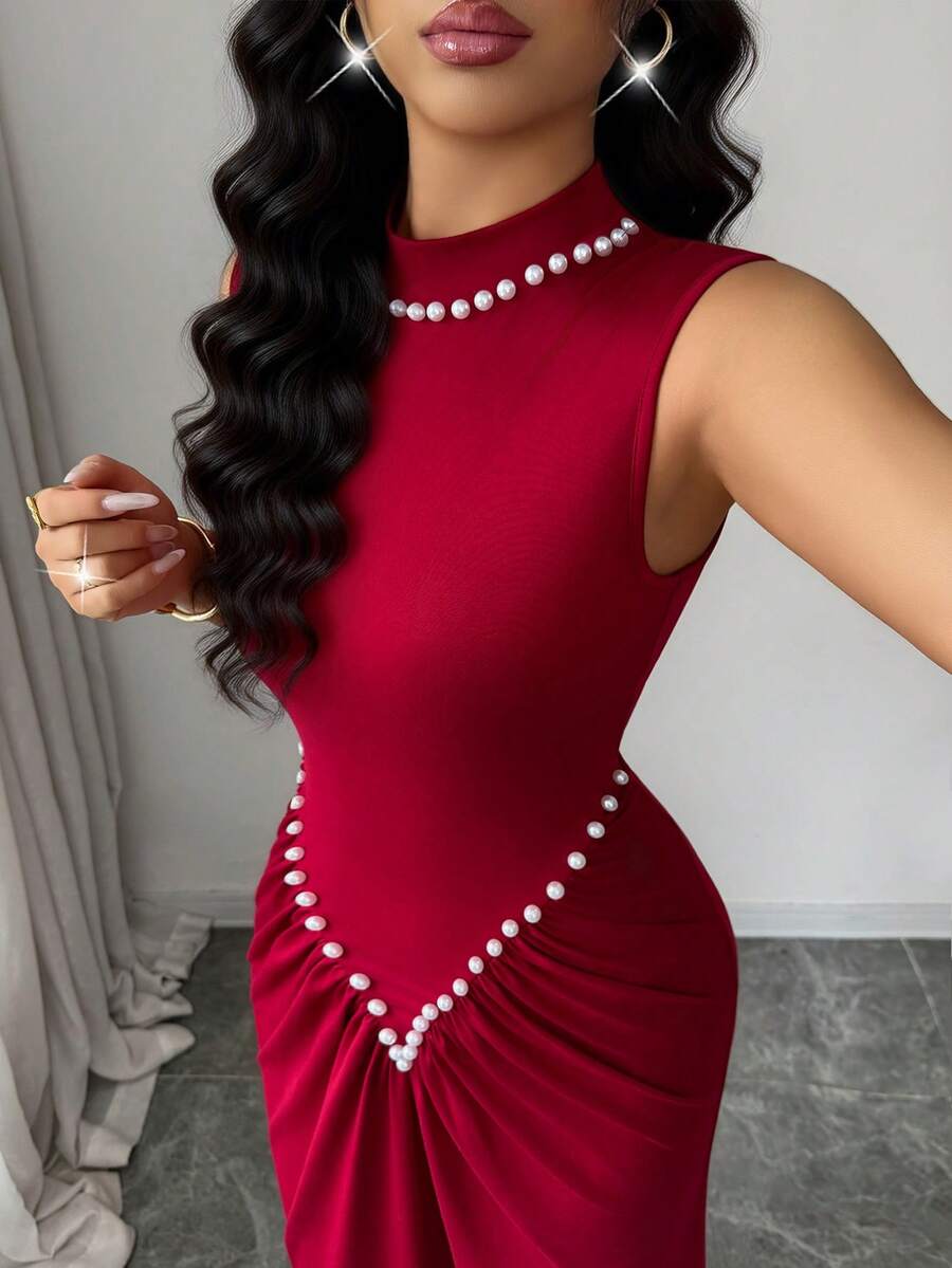 SHEIN Rafferiza فستان عنابي محبوك بتصميم مطوي مرن مزين باللؤلؤ