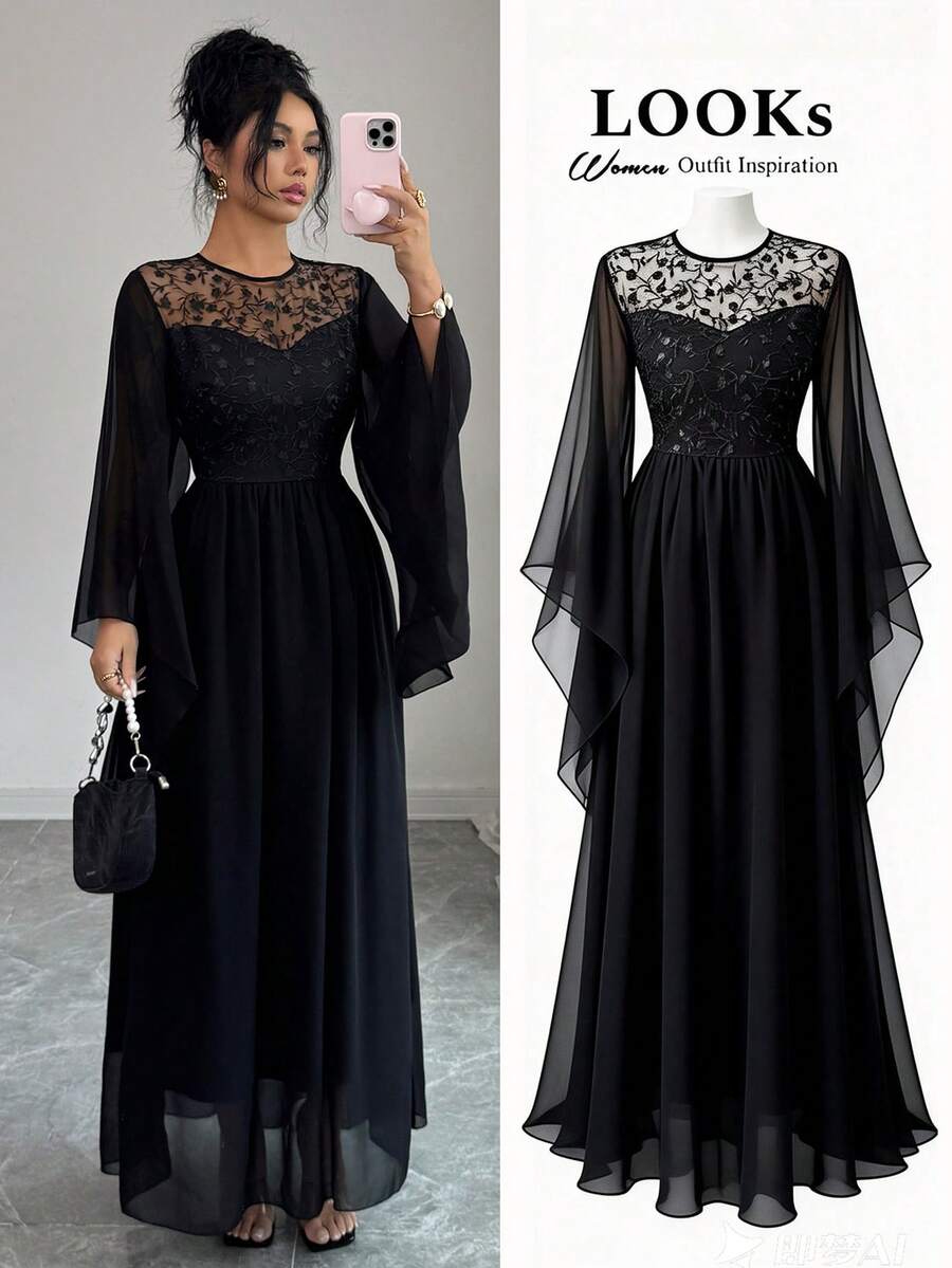 SHEIN Raffinéa فستان أسود بأكمام واسعة مزخرف بالزهور على شبكة سوداء