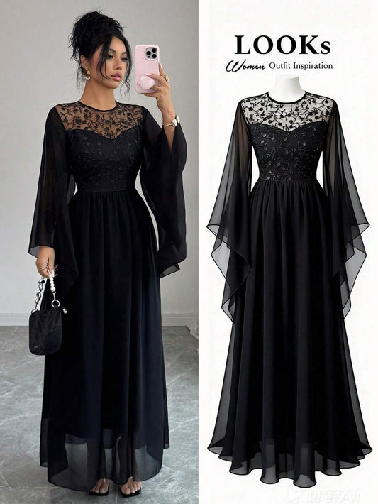 SHEIN Raffinéa فستان أسود بأكمام واسعة مزخرف بالزهور على شبكة سوداء