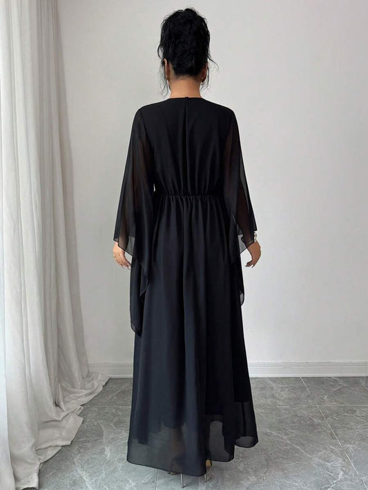 SHEIN Raffinéa فستان أسود بأكمام واسعة مزخرف بالزهور على شبكة سوداء