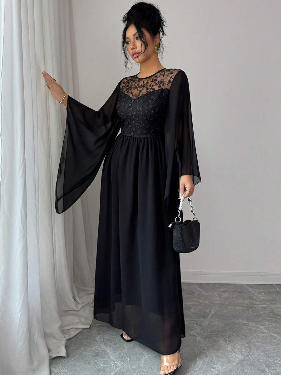 SHEIN Raffinéa فستان أسود بأكمام واسعة مزخرف بالزهور على شبكة سوداء
