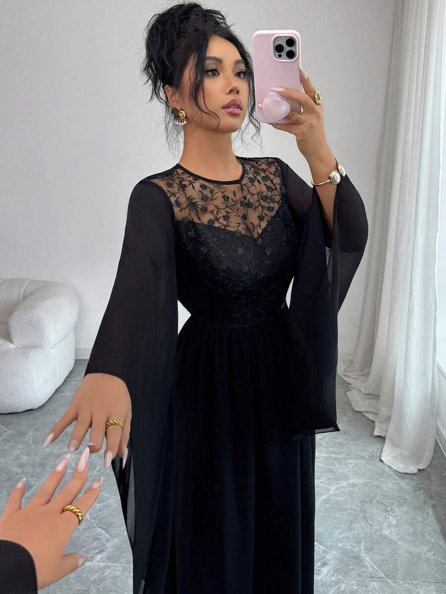 SHEIN Raffinéa فستان أسود بأكمام واسعة مزخرف بالزهور على شبكة سوداء
