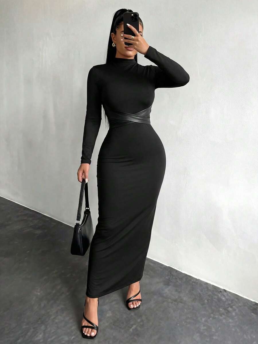SHEIN SXY فستان أسود بياقة عالية وأكمام طويلة بتصميم خصر متقاطع