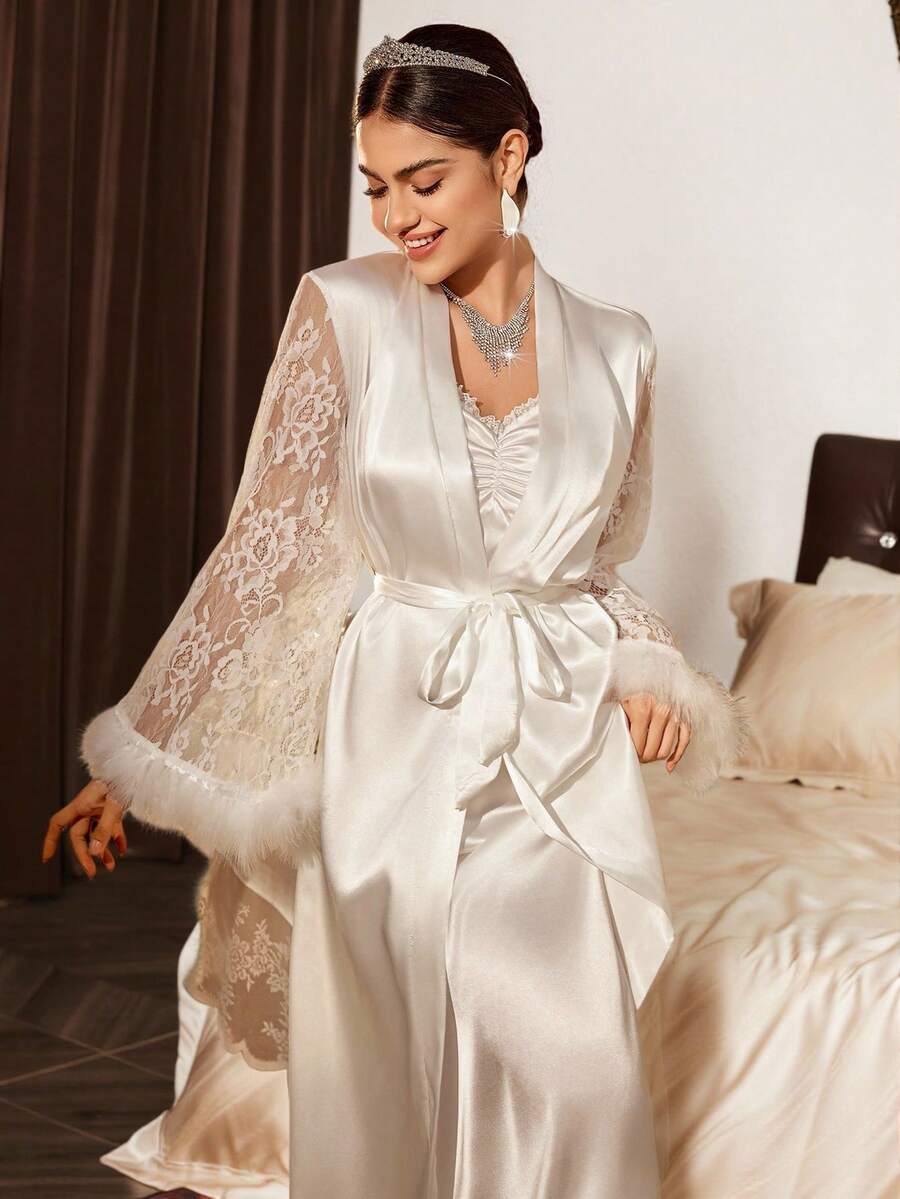 SHEIN Slumberist طقم فستان نوم وروب ساتان بتفاصيل ريش ودانتيل