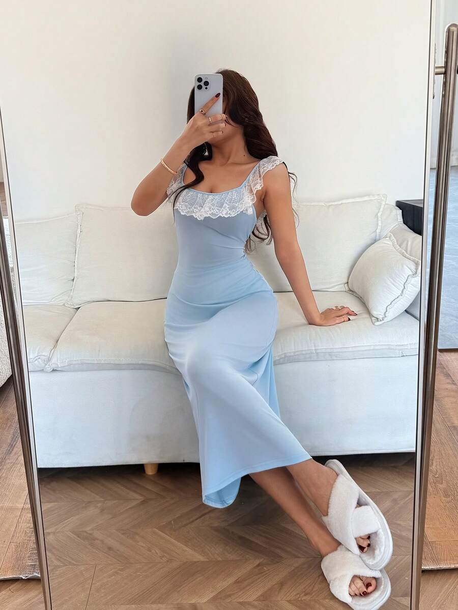 SHEIN Dream Adore فستان نوم ماكسي بياقة مكشكشة وتطريز دانتيل