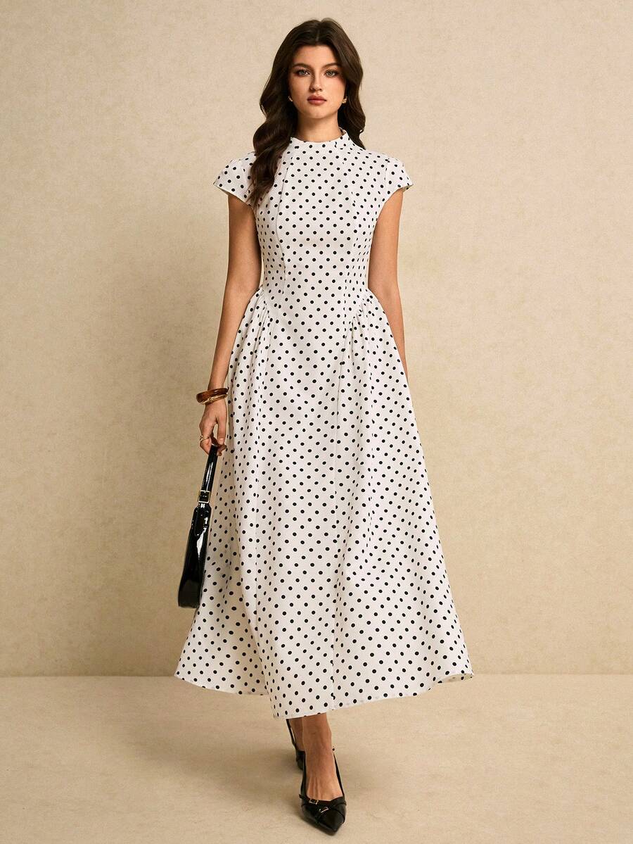 SHEIN فستان طويل أنيق مطبوع بنقاط كبيرة بأكمام دولمان