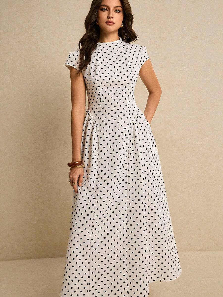 SHEIN فستان طويل أنيق مطبوع بنقاط كبيرة بأكمام دولمان