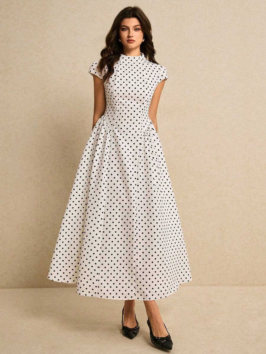 SHEIN فستان طويل أنيق مطبوع بنقاط كبيرة بأكمام دولمان