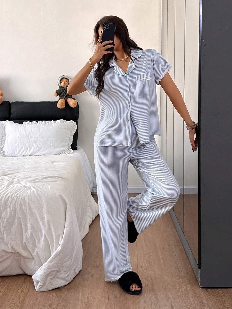 SHEIN طقم بيجامة كارديجان بطبعة زهور وخطوط مجعدة