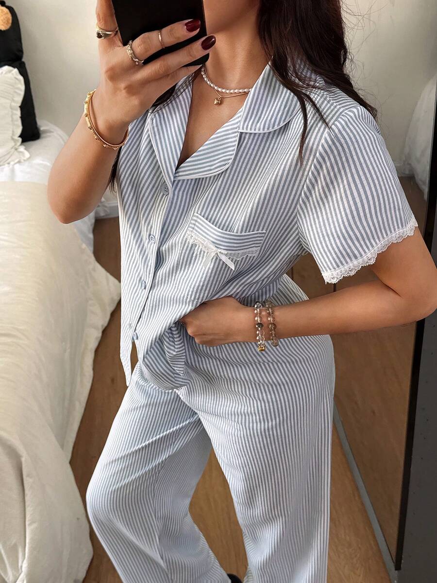 SHEIN طقم بيجامة كارديجان بطبعة زهور وخطوط مجعدة