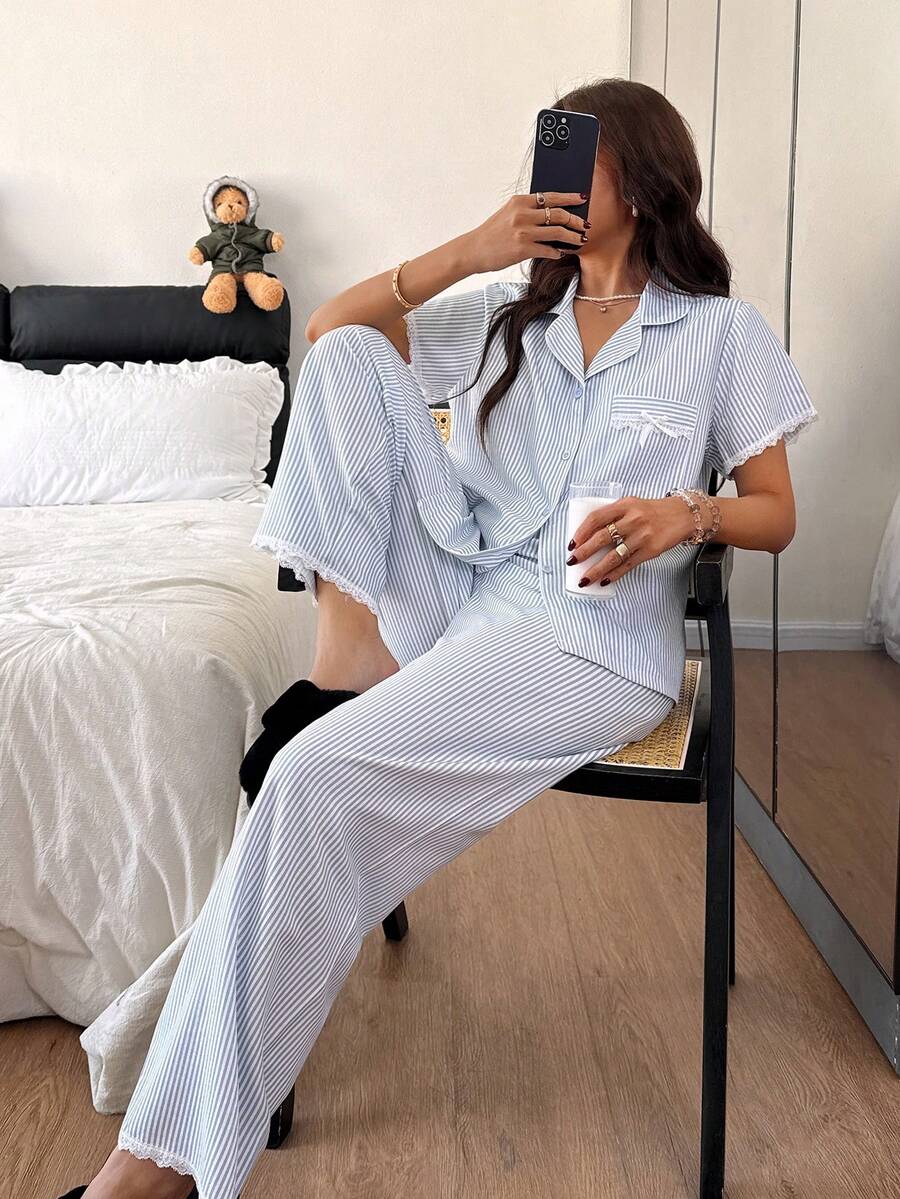 SHEIN طقم بيجامة كارديجان بطبعة زهور وخطوط مجعدة