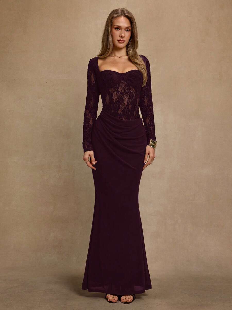 SHEIN BAE فستان بأكمام طويلة ضيق بتطريز دانتيل وذيل سمكة بلون كستنائي