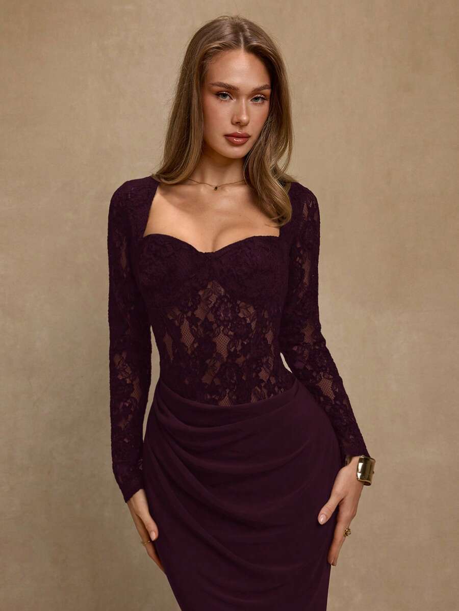 SHEIN BAE فستان بأكمام طويلة ضيق بتطريز دانتيل وذيل سمكة بلون كستنائي