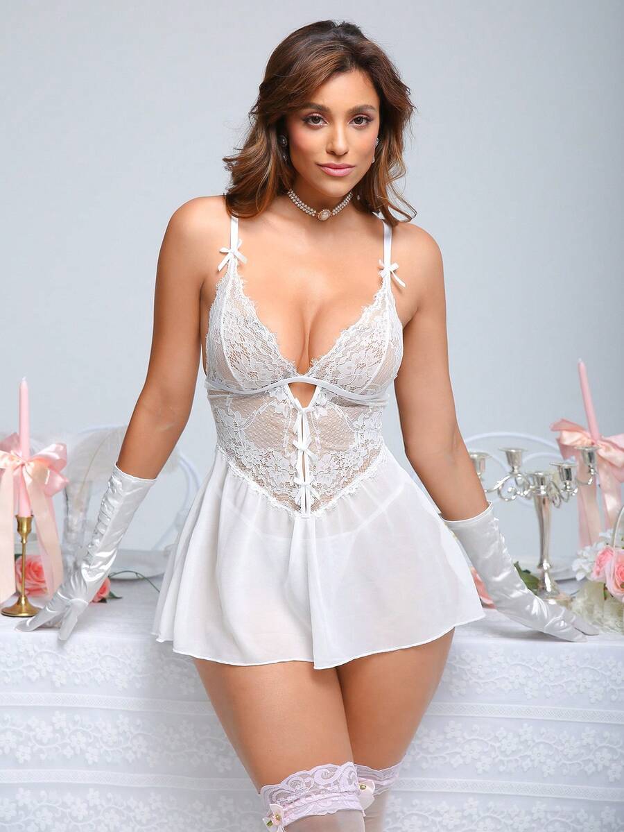 SHEIN Spicy Aura طقم ثوب نوم قطعتين من الدانتيل مثير وأنيق