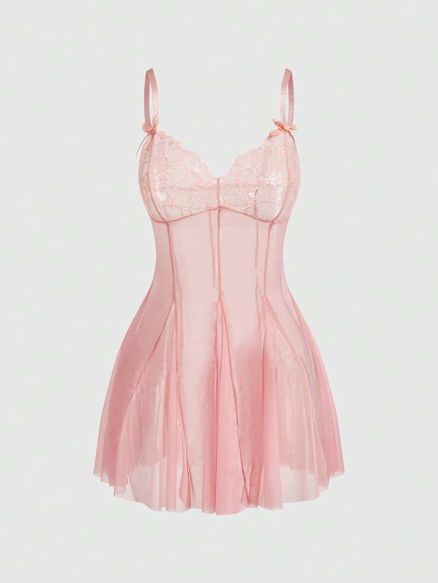 SHEIN ROMWE Kawaii طقم قميص نوم شبكي مزين بالدانتيل مع سروال داخلي