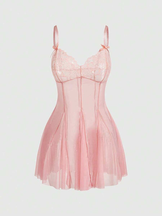 SHEIN ROMWE Kawaii طقم قميص نوم شبكي مزين بالدانتيل مع سروال داخلي