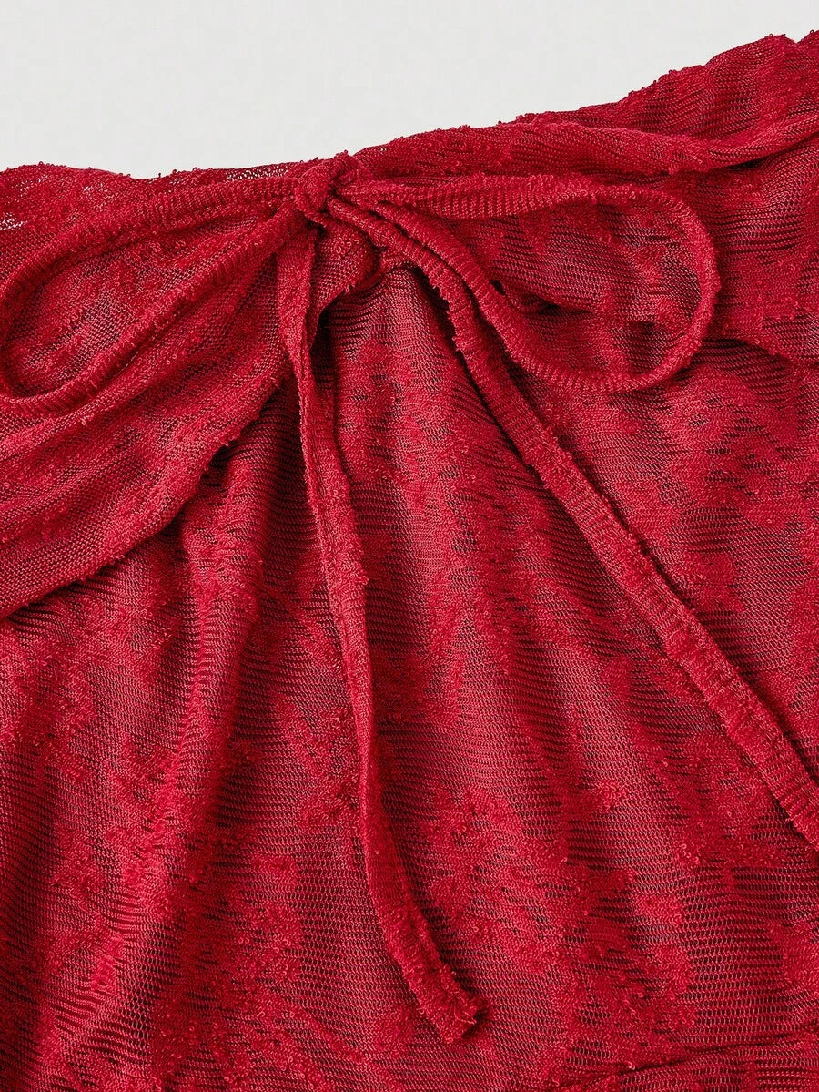 SHEIN MOD فستان ماكسي أحمر بدون كتف من الدانتيل للمقاسات الكبيرة