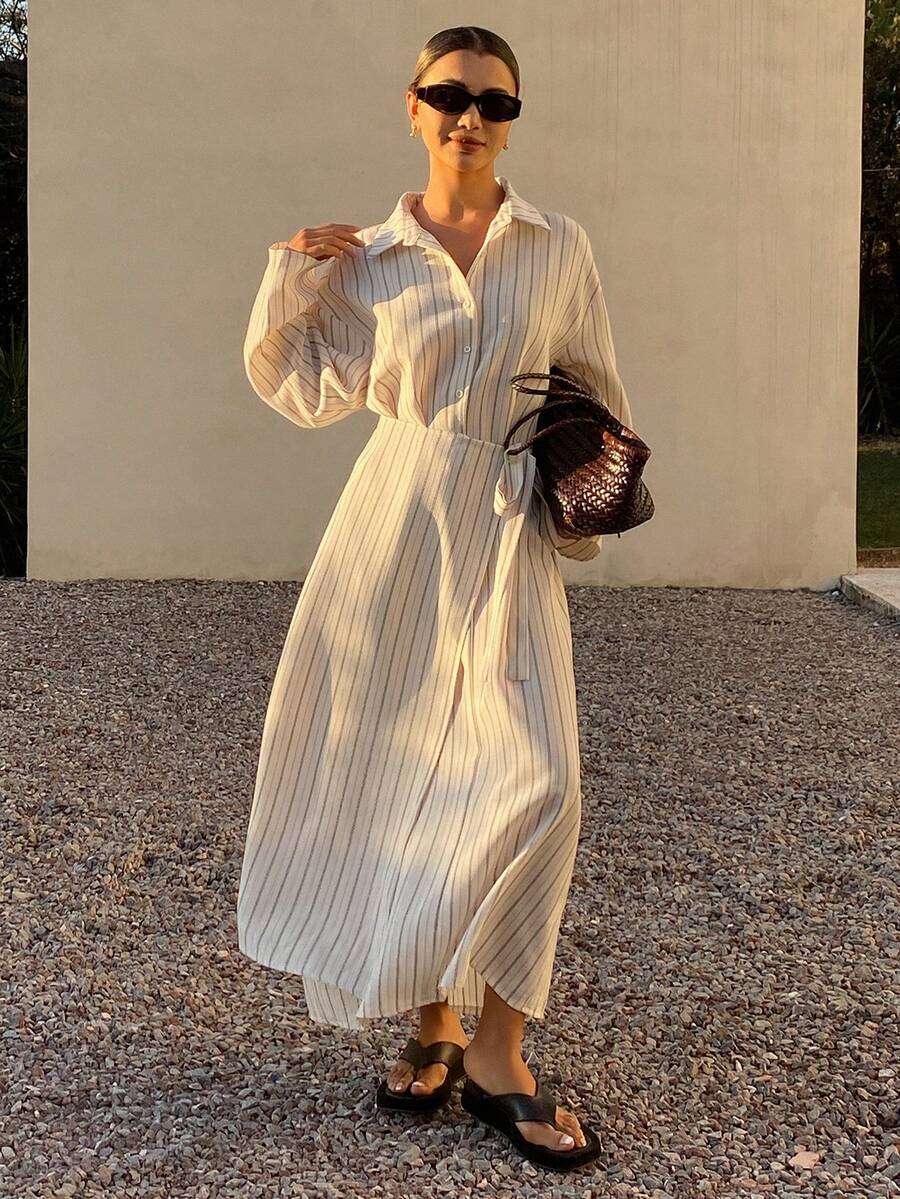 SHEIN فستان طويل مخطط بتصميم ربطة الخصر