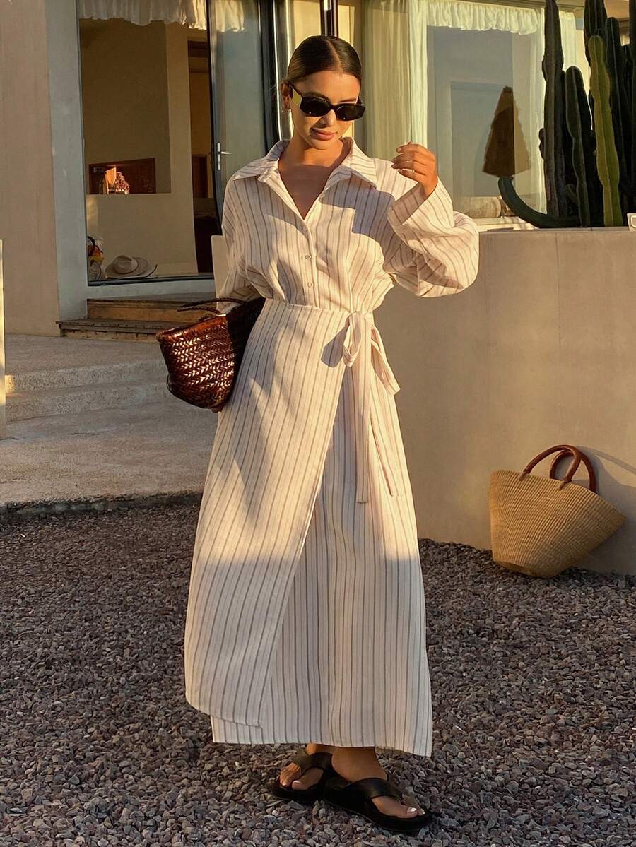 SHEIN فستان طويل مخطط بتصميم ربطة الخصر