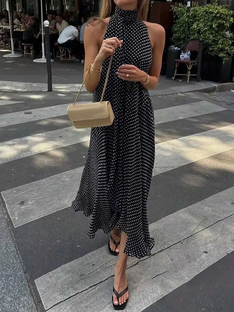 SHEIN فستان طويل أسود بطبعة نقاط البولكا بياقة عالية وربطة خصر