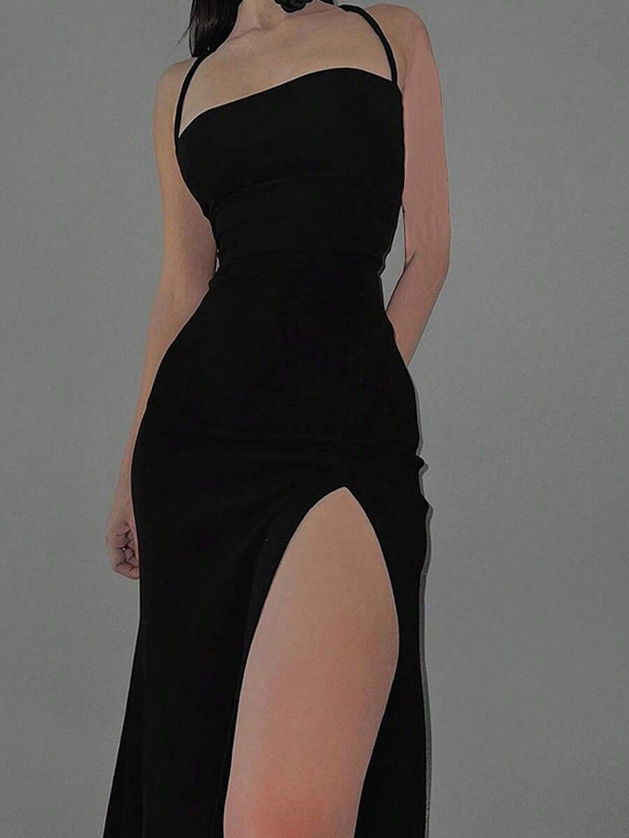 SHEIN فستان سليب أسود أنيق بأربطة ظهر وشق جانبي