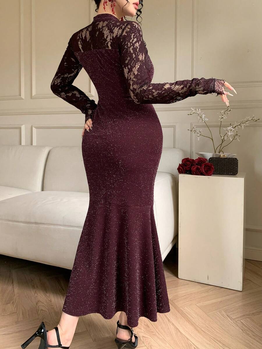 SHEIN DAZY فستان مخمل ودانتيل مرقع بأكمام طويلة بلون أحمر بنفسجي